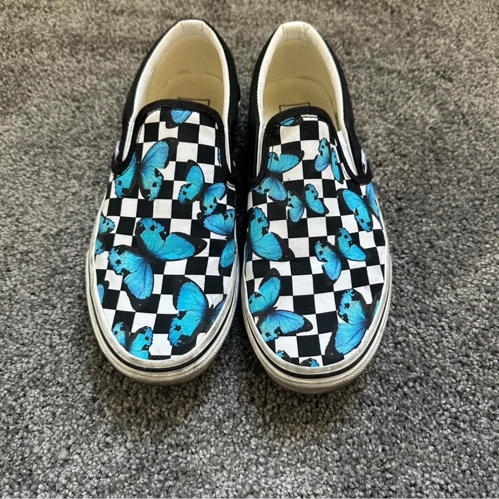 Vans Slip-On Shoes with Blue Butterfly Design